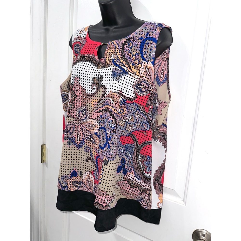 Dana Buchman sleeveless keyhole neck blouse top & colorful paisley and dot print - Picture 2 of 5